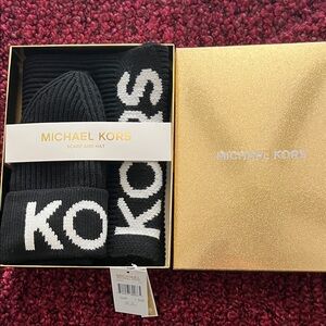 Michael Kors Black and White Scarf and Hat Set
